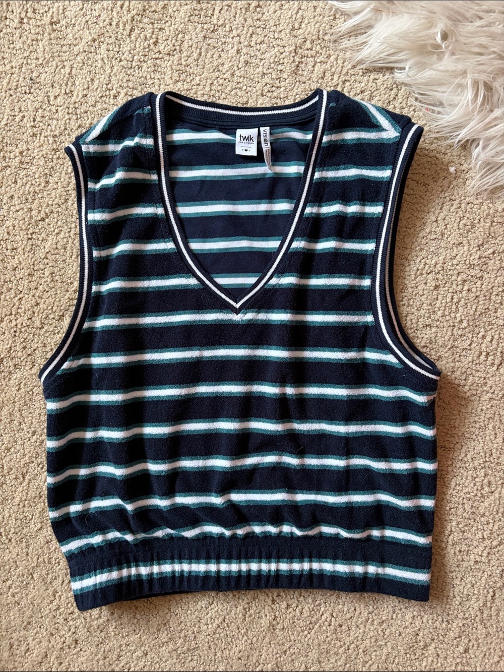 twik Navy, Light Blue & White Striped V‑Neck Knit Tank